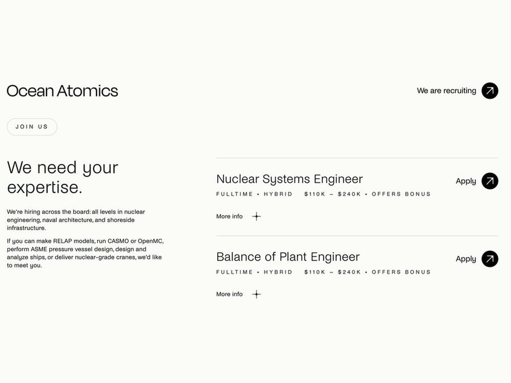 Careers page listing nuclear systems roles